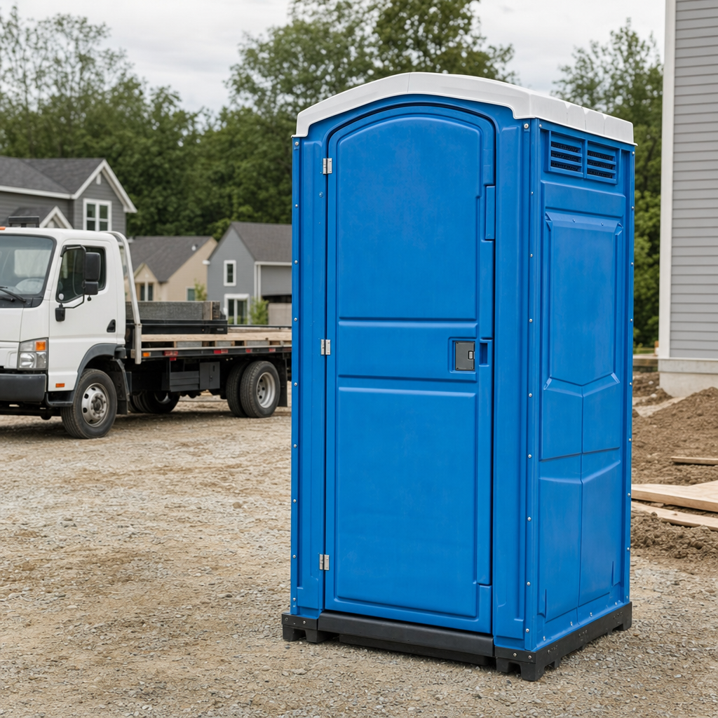 Delivery driver positioning a clean royal-blue portable toilet on level ground at a Durham worksite
