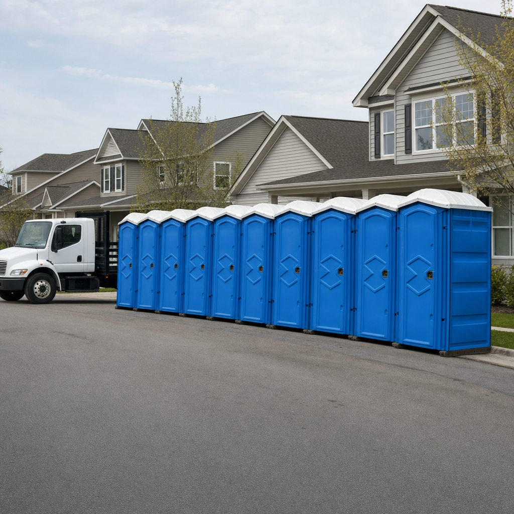Royal blue portable toilets staged in a tidy row at a Durham jobsite, ready for delivery